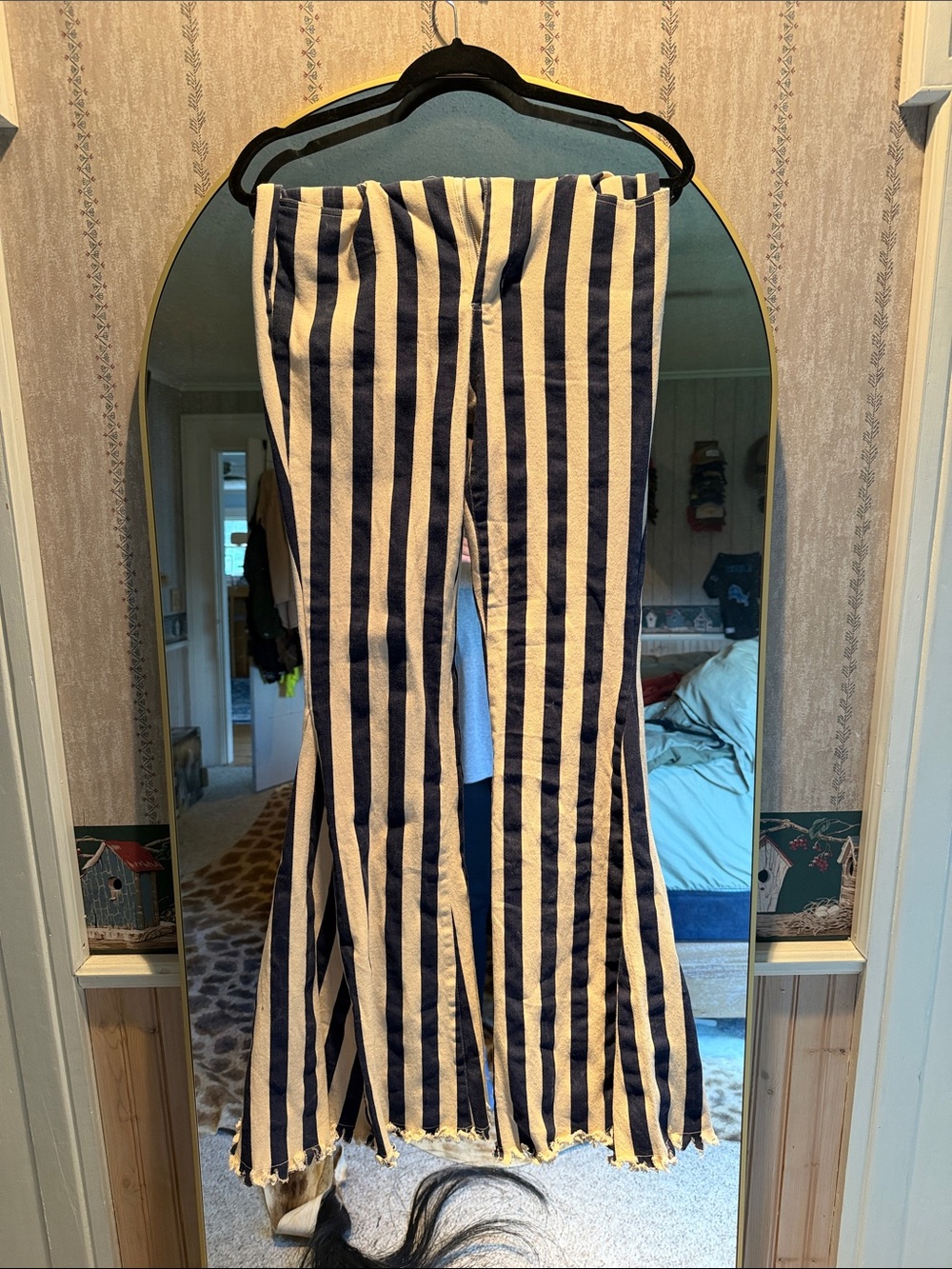 High-Rise Navy and Cream Vertical-Striped Flare Jeans